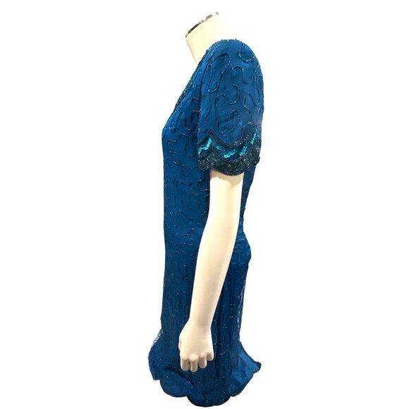 All Silk Vintage Dress by Allyson Whitmore S Teal Hand Beaded Cocktail Party Chi - Picture 5 of 12